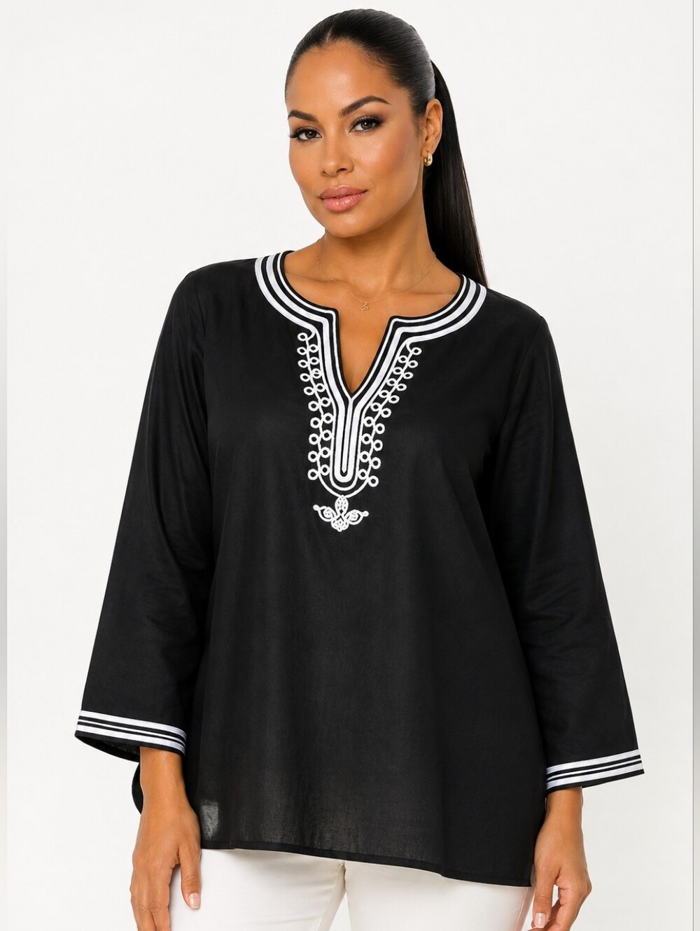 Title: Style & Co. Petite Black Linen Embroidered Tunic Top Size 14P.